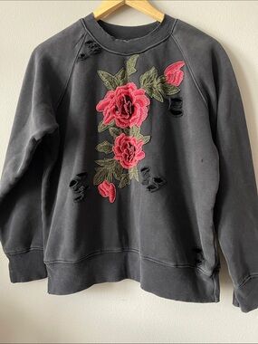 New Emma & Sam Black Crewneck Sweatshirt with Pink Rose Appliqué